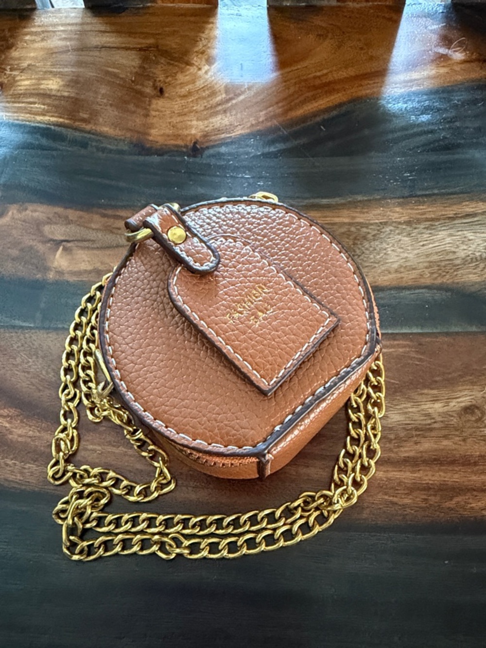Mini Round Crossbody Bag in Tan with Gold Chain - Picture 2 of 4